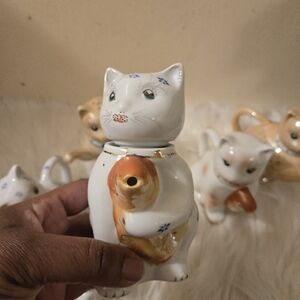 7 Vintage Luck Cat Fish Tea Pot Kitty Tea Pot Figurine
